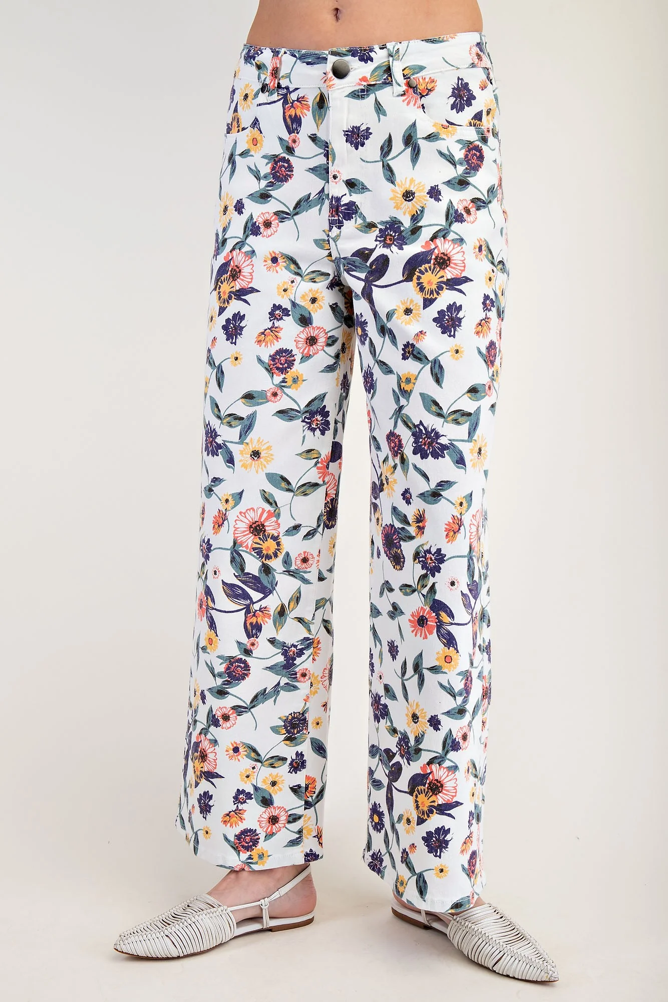 Easel  Floral Printed Washed Denim Twill Pants - Image 3