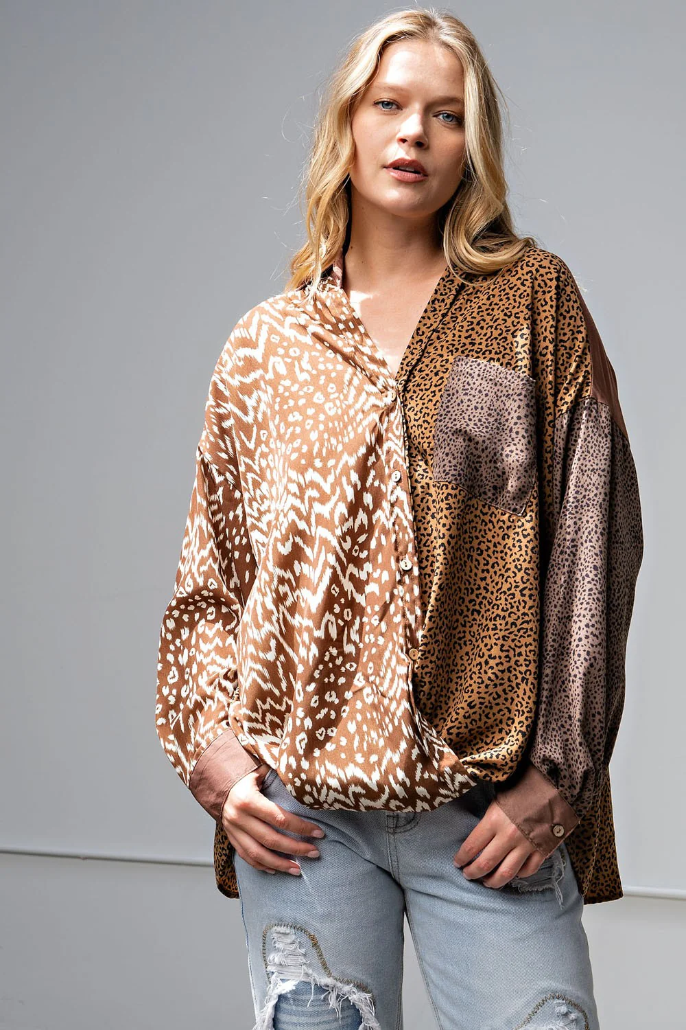 Easel Oversized Animal Print Button Down Satin Shirt - Image 3