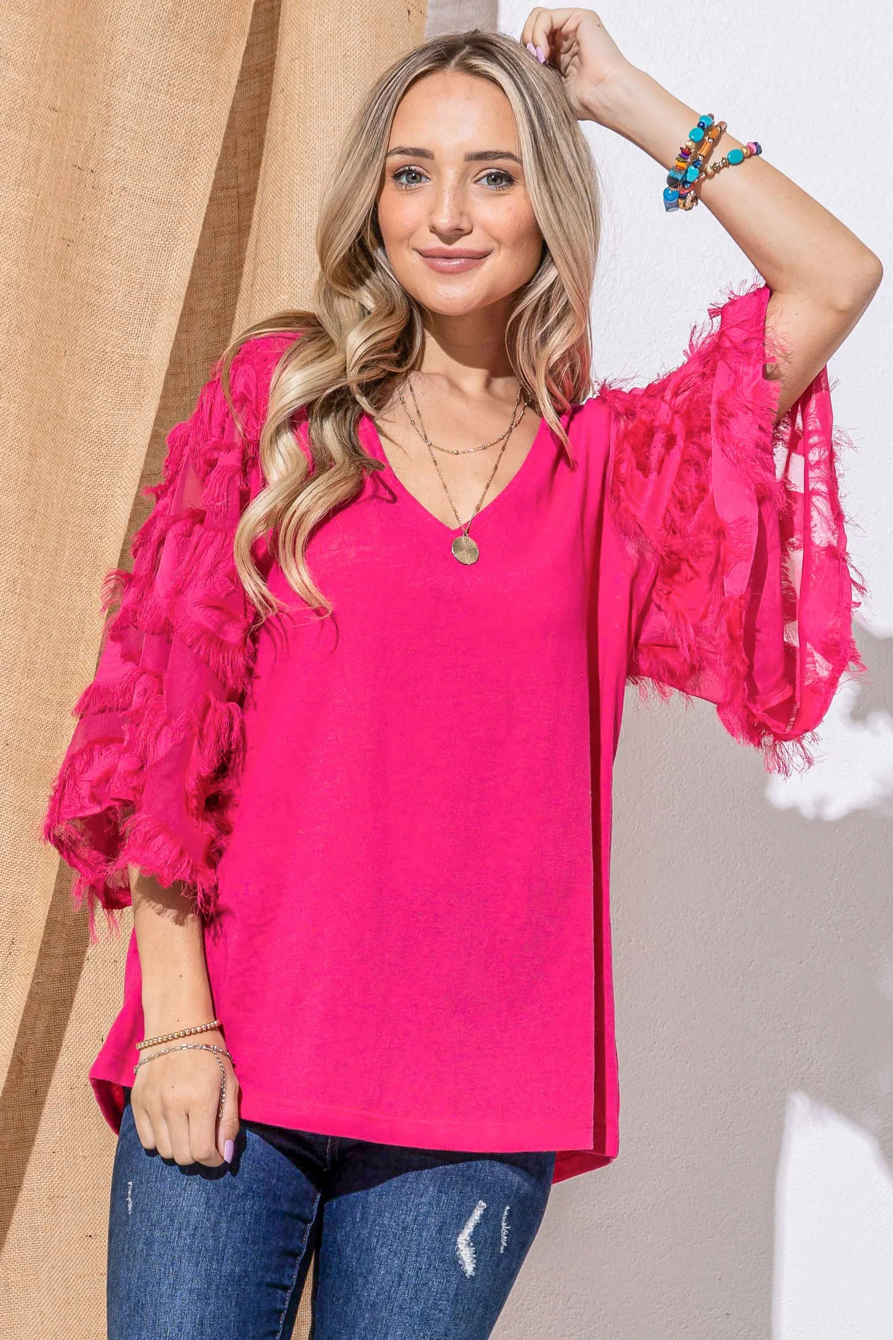 ATW Feather Detailed 3/4 Sleeve Slub Top - Image 4