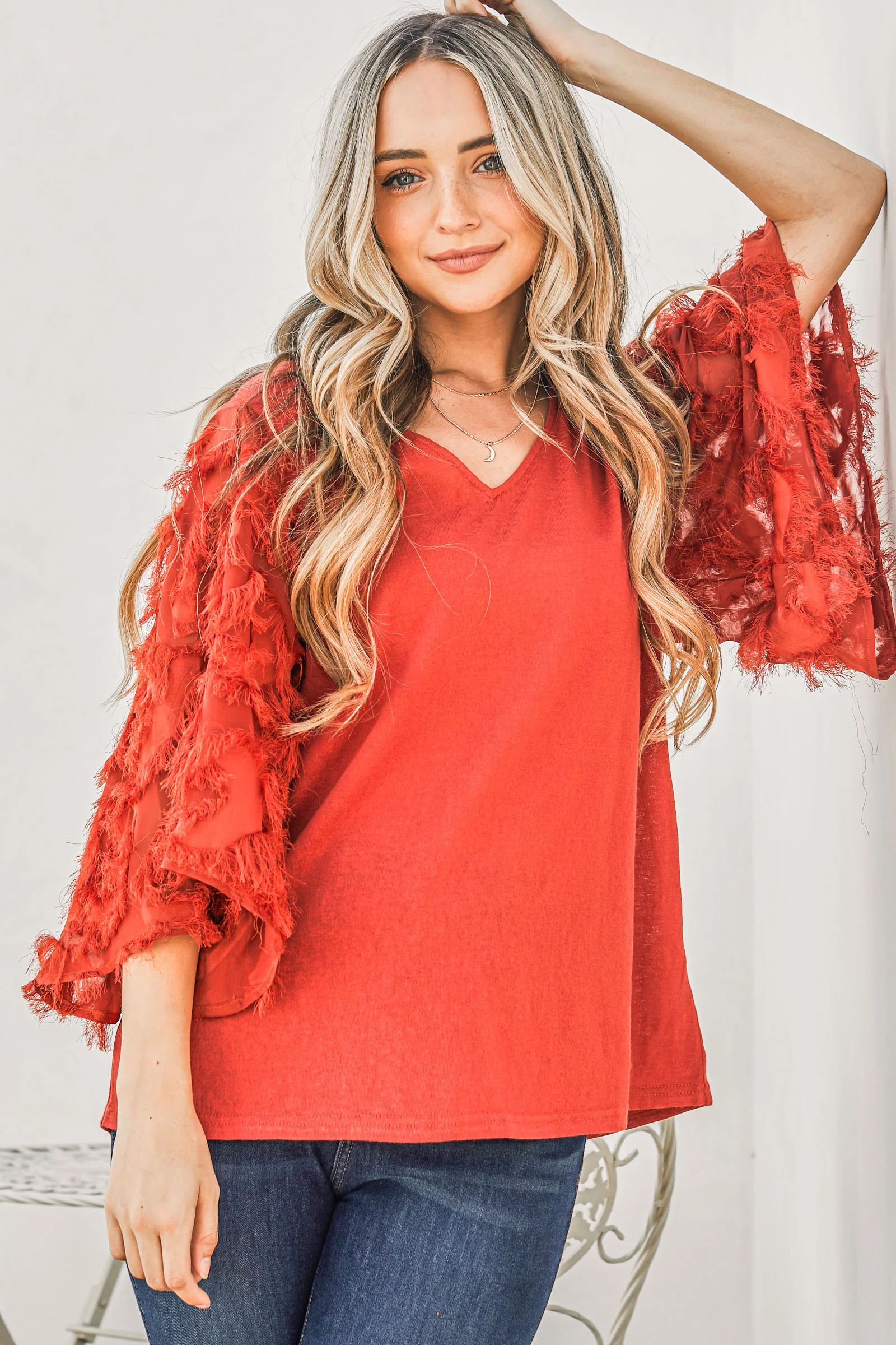 ATW Feather Detailed 3/4 Sleeve Slub Top - Image 5