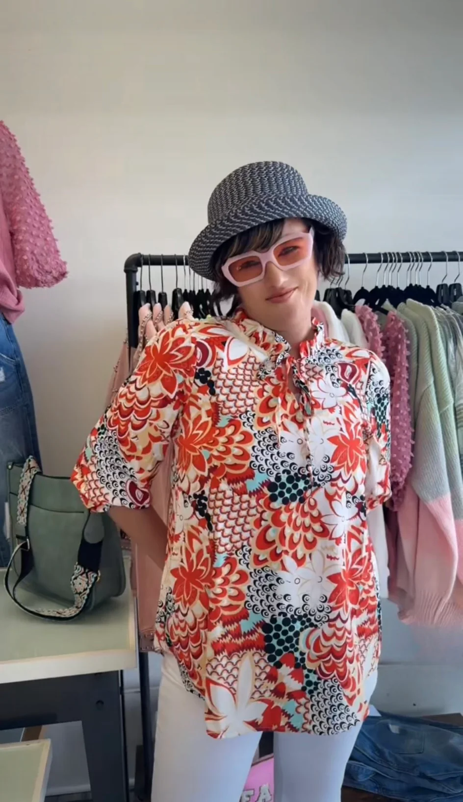 Jodifl Burnt Orange Print Top with Self-Tie Neck - Image 3