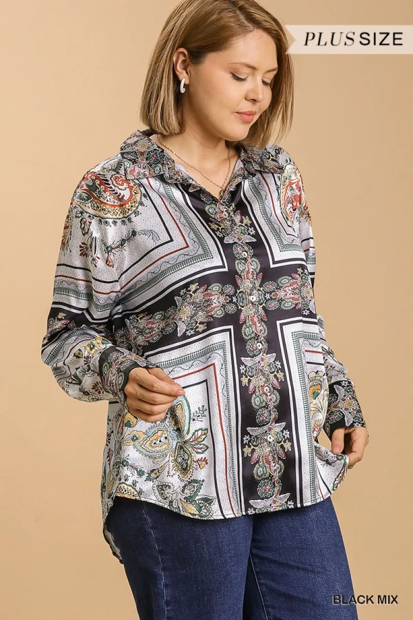 Umgee Satin Print Button Down Low Scoop Tunic - Image 5