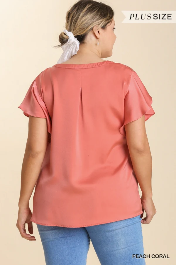 Umgee Satin V-Neck Short Ruffle Sleeve Top - Image 4