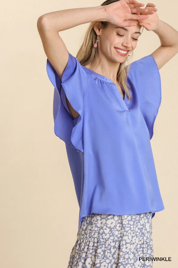 Umgee Satin V-Neck Short Ruffle Sleeve Top - Image 7